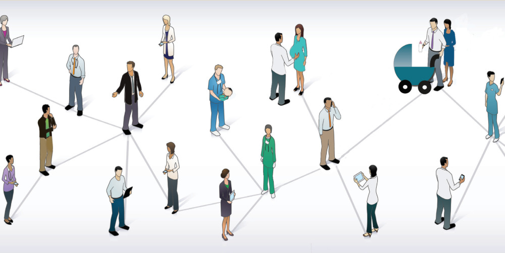 Figurines de personnes interconnectées par un réseau dense de connexions 